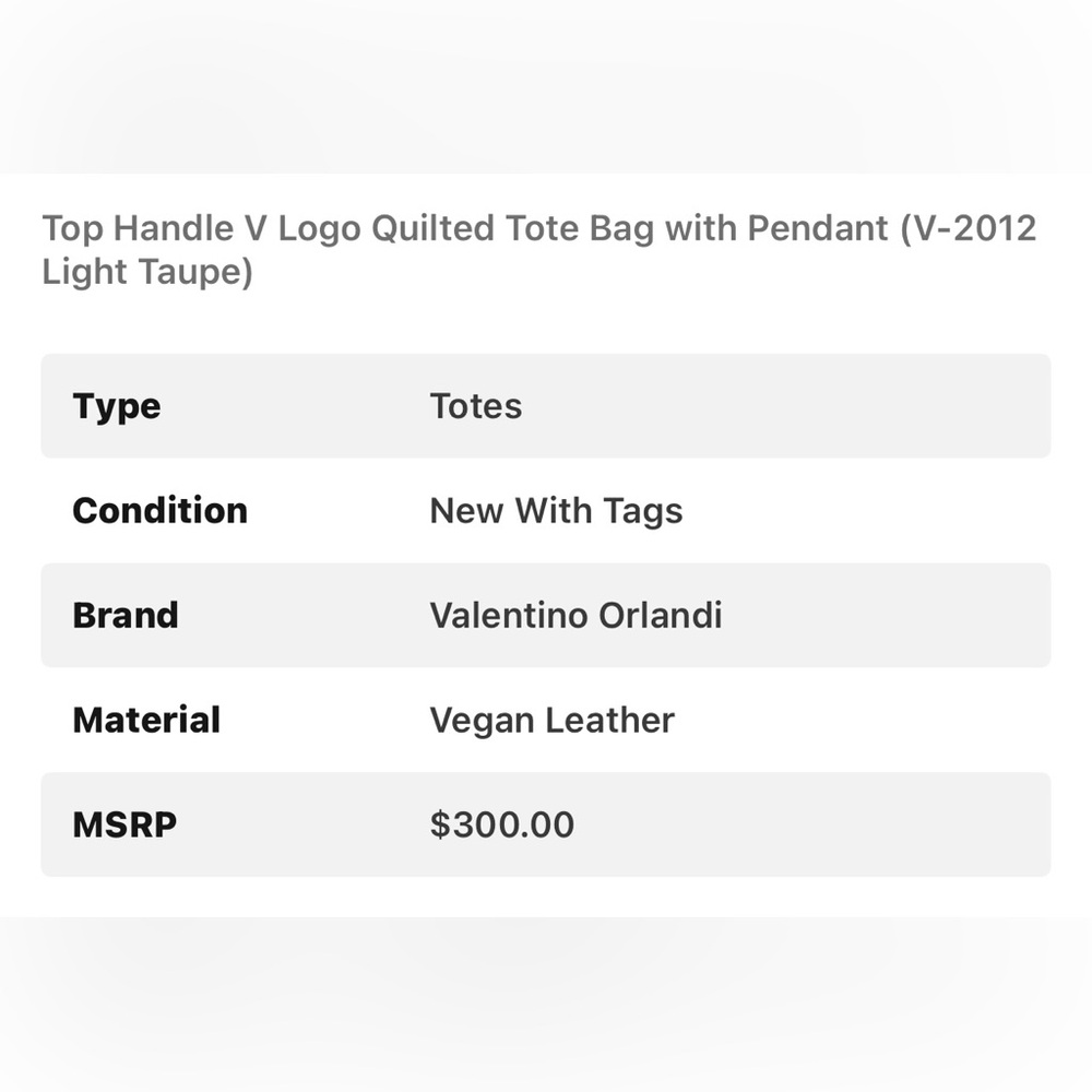 Valentino Orlandi Quilted Tote Bag Taupe. Vegan Leather. NWT Sealed. - Picture 5 of 5